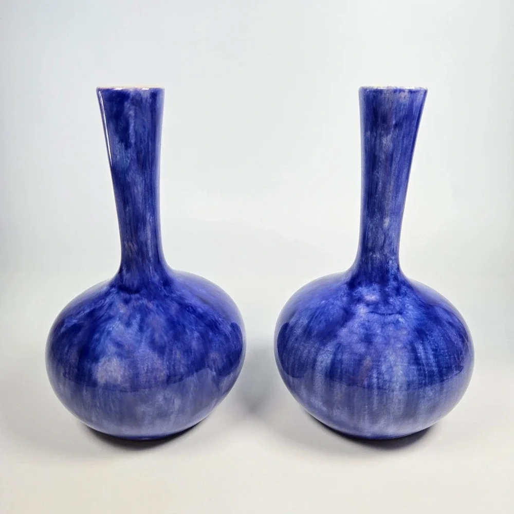 Bud vase pair Ceramic‎ Porcelain Vintage Handmade  70s MCM Cobalt Blue Glazed